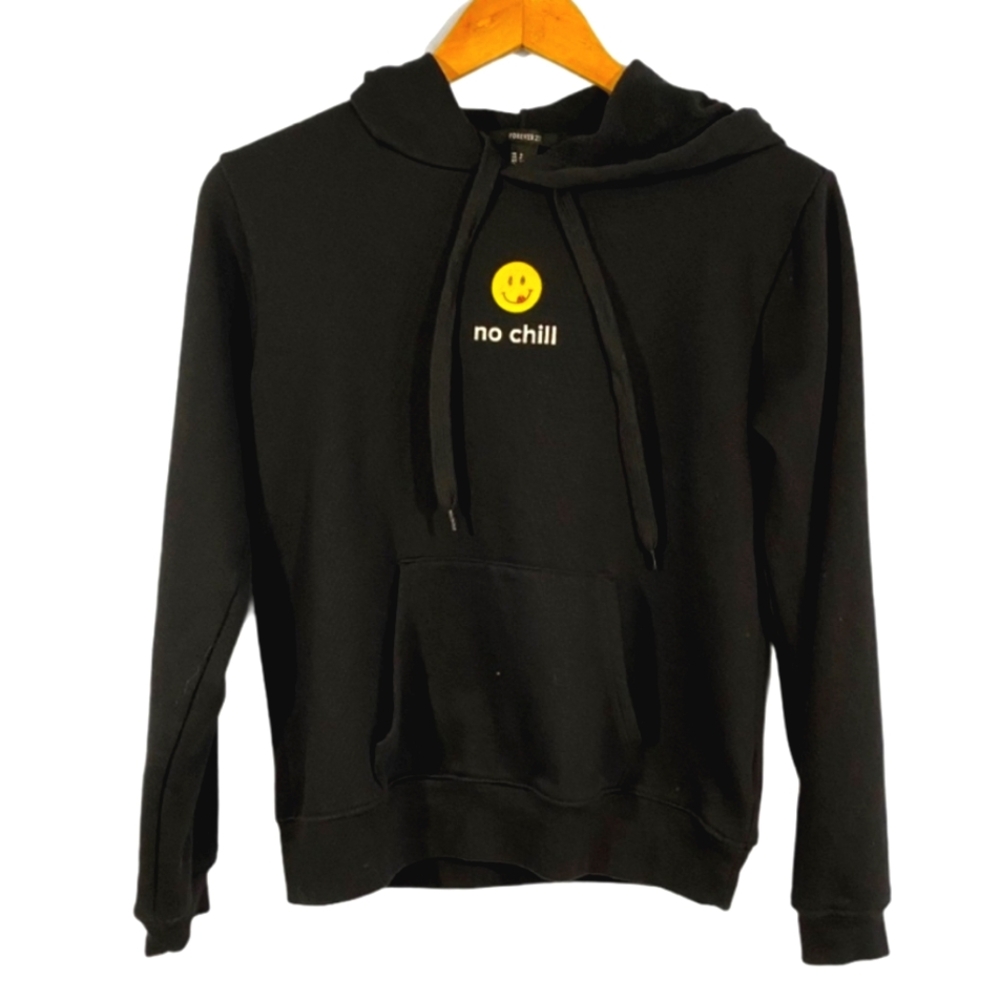 Forever 21 “No Chill” Graphic Black Kangaroo Pocket Hoodie Size S